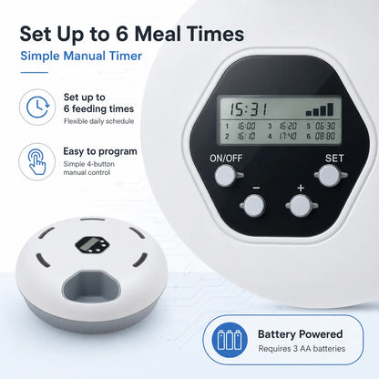 Timed Automatic Cat Feeder with 6 Meals - Indoor Detachable Rotating Dispenser for Wet and Dry Food, Includes Ice Packs, Battery Operated for Kittens and Small Dogs, White