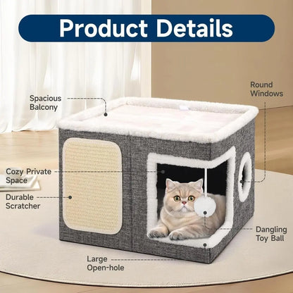 Large Cat Cave Bed with Scratch Pad & Toy Ball – Plush Foldable Cat House for Indoor Cats, Calming Hideaway Condo, Washable
