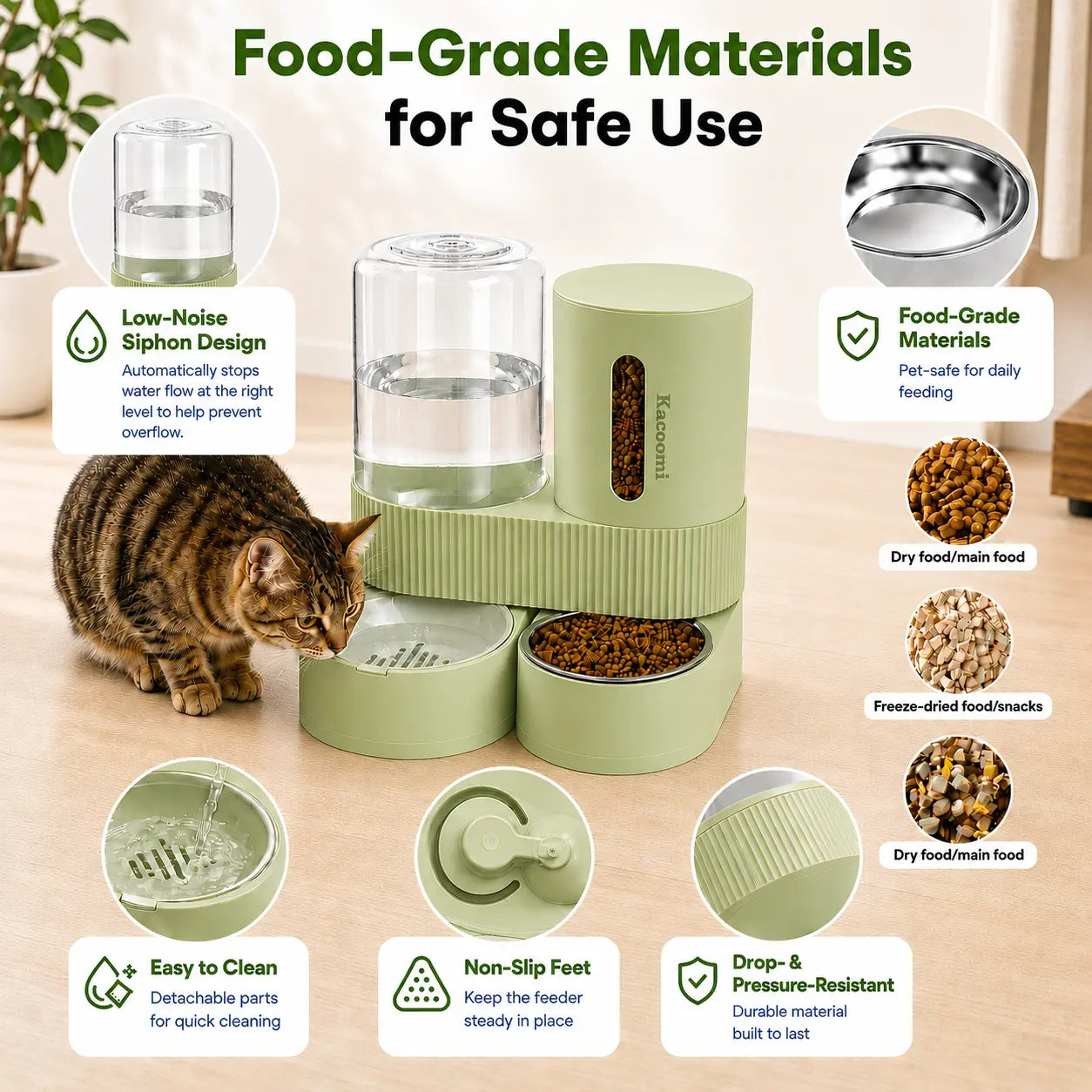 Kacoomi Gravity Feeder & Water Dispenser Set – Large Capacity Automatic Pet Feeder with Stainless Steel Bowl for Cats & Small Dogs, 2-Pack