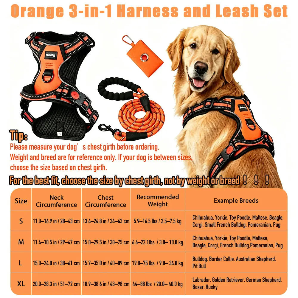 Helety 3-in-1 No-Pull Dog Harness & Leash Set – Dual D-Ring, Locking Buckles, Reflective, Adjustable S-XL, Built-In Poop Bag Holder