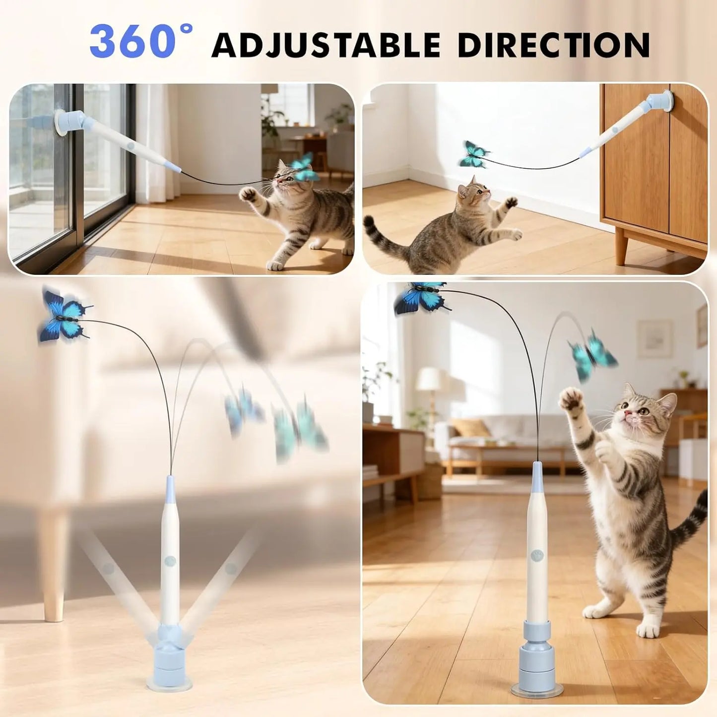 Automatic Butterfly Cat Toy – USB Rechargeable, 360° Spin Interactive Wand with Suction Base, Self-Play & Handheld Modes for Indoor Cats