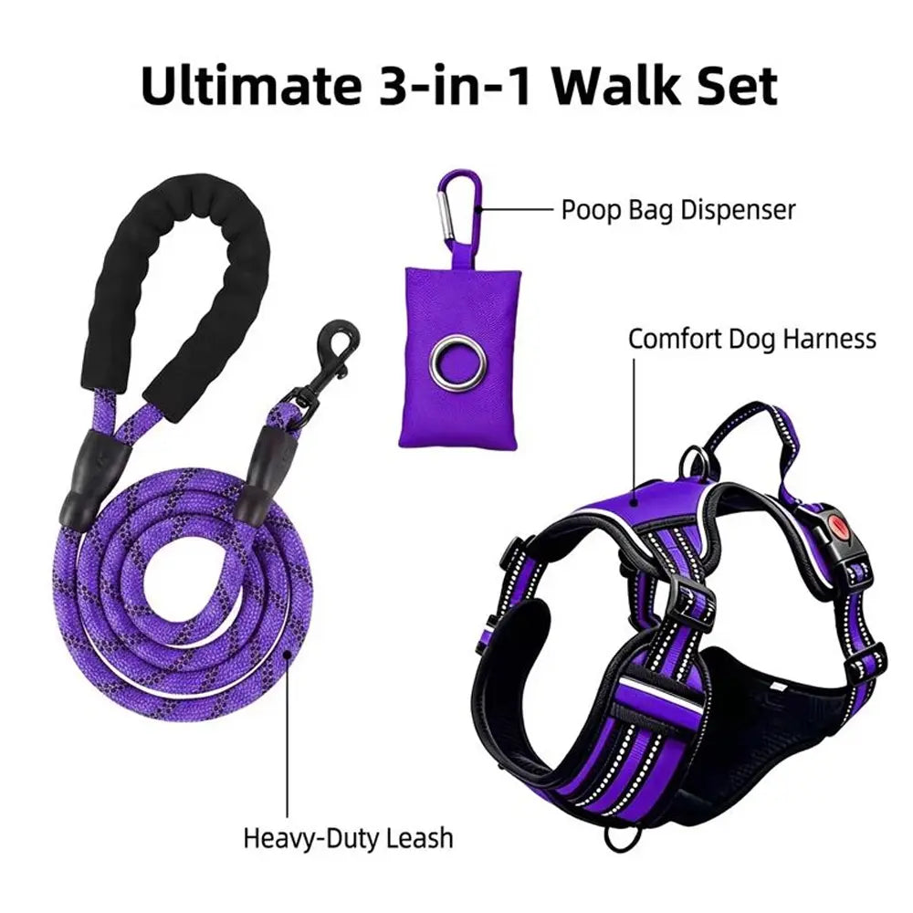 Helety 3-in-1 No-Pull Dog Harness & Leash Set – Dual D-Ring, Locking Buckles, Reflective, Adjustable S-XL, Built-In Poop Bag Holder