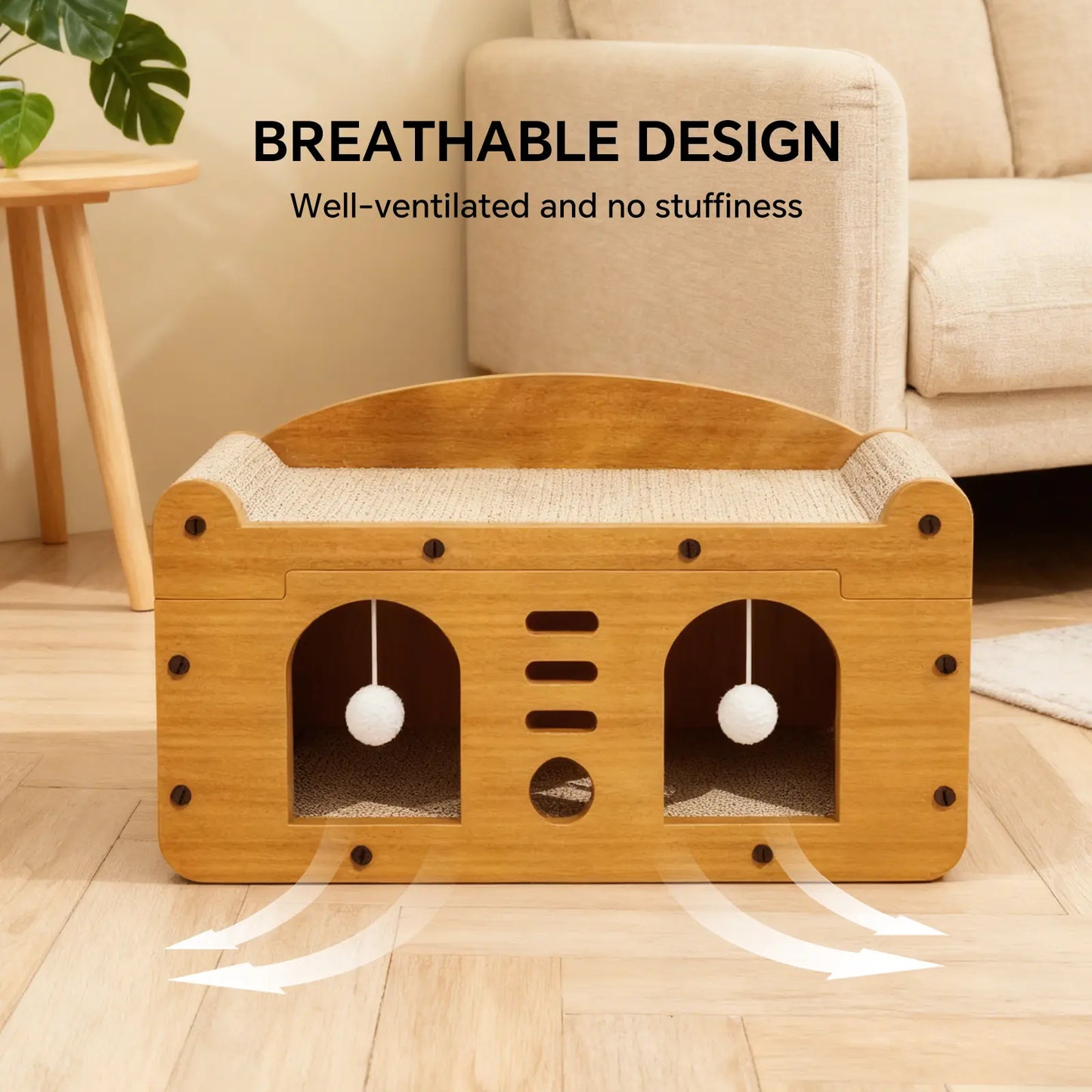 Compact Wooden Base Cat Furniture with Geometric Design, Detachable Components, Durable Construction, Spacious Bed, Indoor Scratching Surfaces, and Interactive Ball Toy