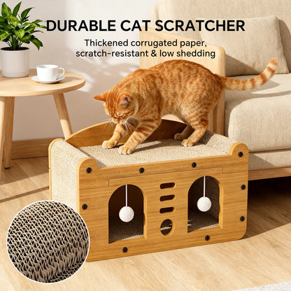 Compact Wooden Base Cat Furniture with Geometric Design, Detachable Components, Durable Construction, Spacious Bed, Indoor Scratching Surfaces, and Interactive Ball Toy