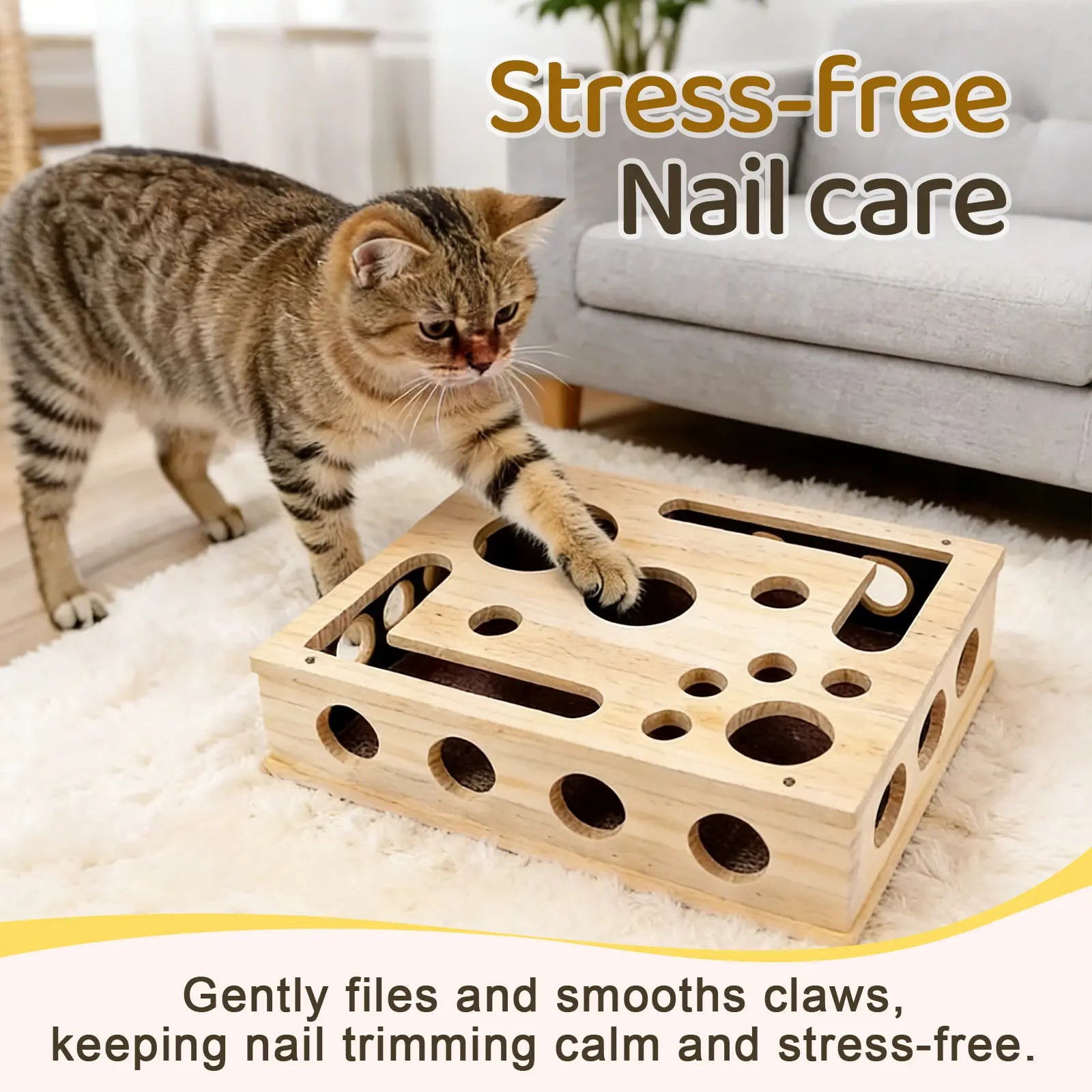 Oak Wood Cat Nail File Box – Stress-Free Nail Care & Interactive Scratch Toy, Furniture Protector for Indoor Cats