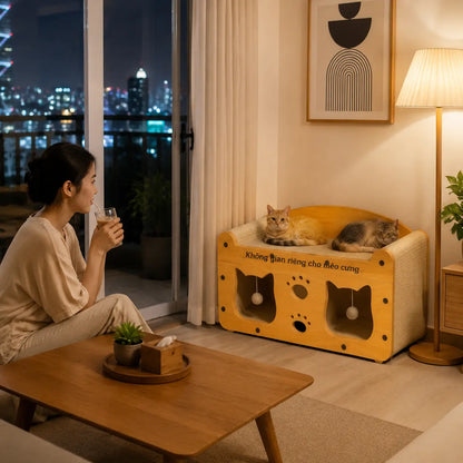 Compact Wooden Base Cat Furniture with Geometric Design, Detachable Components, Durable Construction, Spacious Bed, Indoor Scratching Surfaces, and Interactive Ball Toy