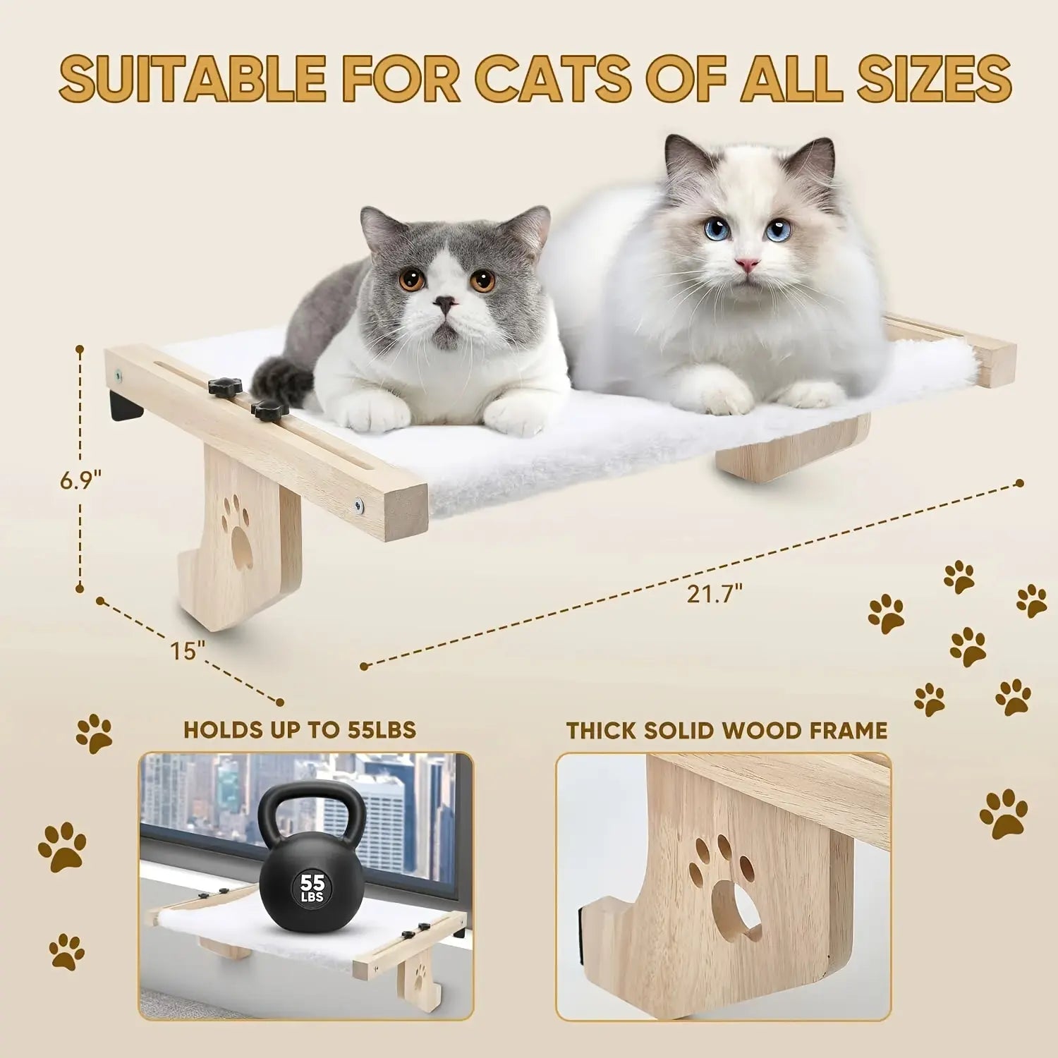 Petwhole Cat Window Perch – Sturdy Wood & Metal Window Sill Bed for Cats & Kittens, Foldable & Adjustable, Universal Fit, Sunbathing Bed