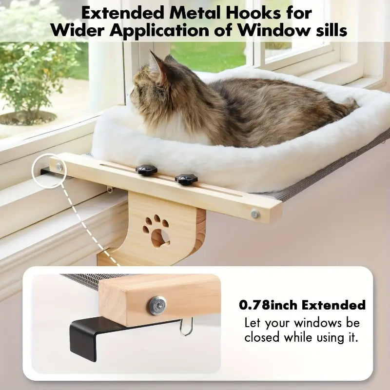 Petwhole Cat Window Perch – Sturdy Wood & Metal Window Sill Bed for Cats & Kittens, Foldable & Adjustable, Universal Fit, Sunbathing Bed
