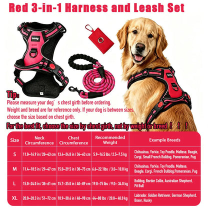 Helety 3-in-1 No-Pull Dog Harness & Leash Set – Dual D-Ring, Locking Buckles, Reflective, Adjustable S-XL, Built-In Poop Bag Holder