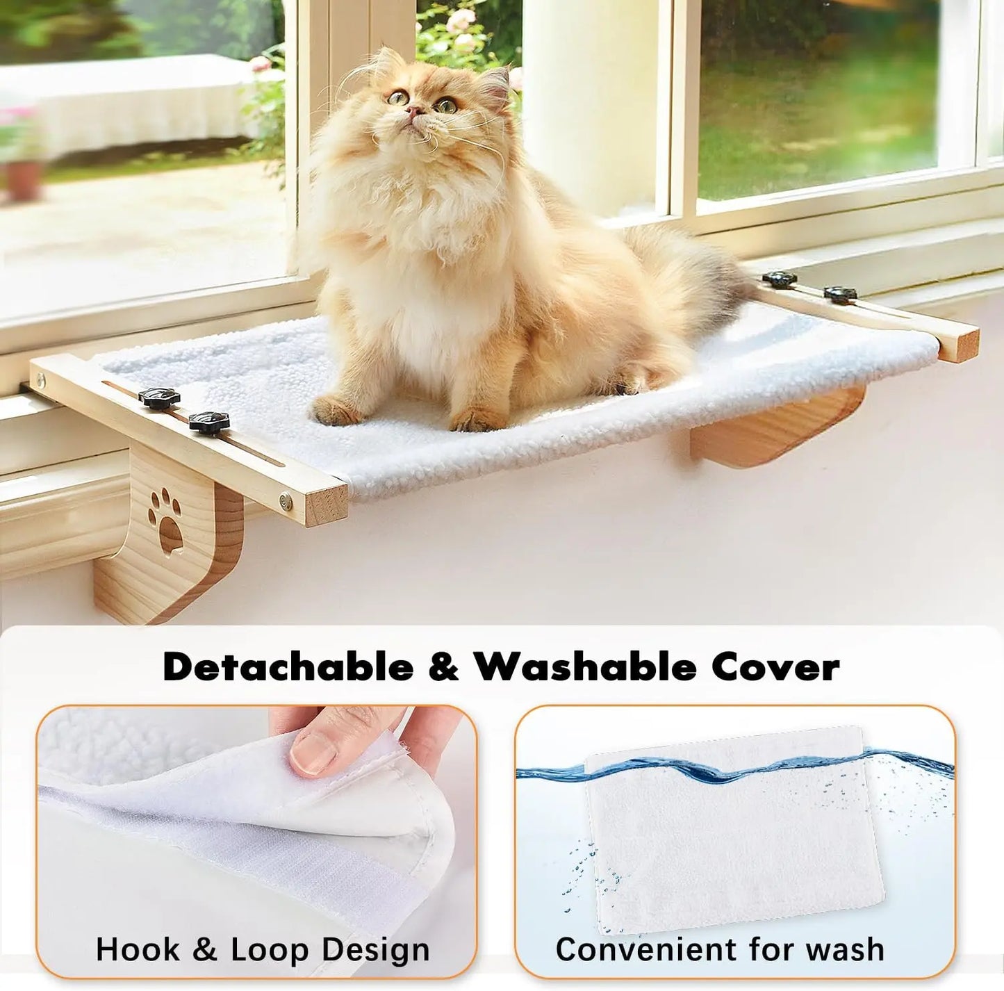 Petwhole Cat Window Perch – Sturdy Wood & Metal Window Sill Bed for Cats & Kittens, Foldable & Adjustable, Universal Fit, Sunbathing Bed