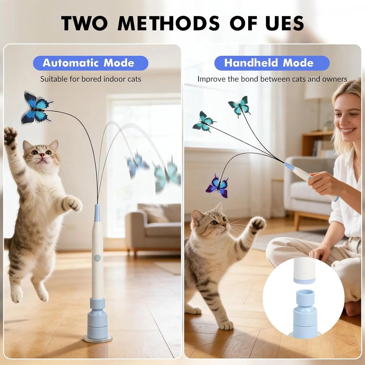 Automatic Butterfly Cat Toy – USB Rechargeable, 360° Spin Interactive Wand with Suction Base, Self-Play & Handheld Modes for Indoor Cats
