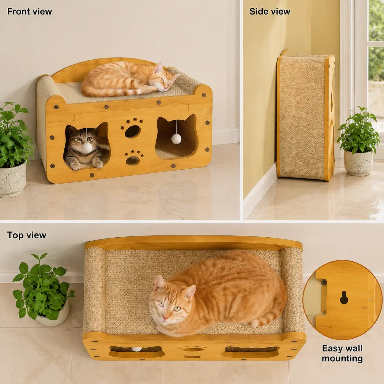 Compact Wooden Base Cat Furniture with Geometric Design, Detachable Components, Durable Construction, Spacious Bed, Indoor Scratching Surfaces, and Interactive Ball Toy