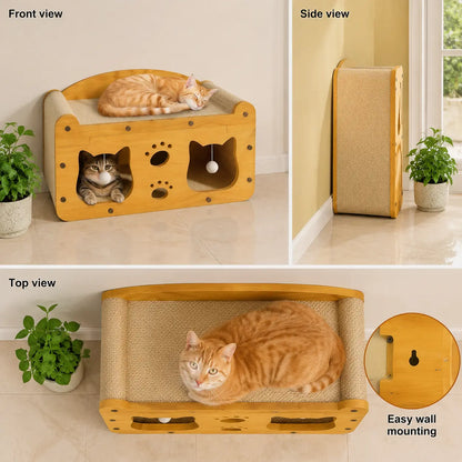 Compact Wooden Base Cat Furniture with Geometric Design, Detachable Components, Durable Construction, Spacious Bed, Indoor Scratching Surfaces, and Interactive Ball Toy
