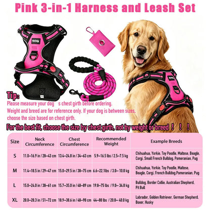 Helety 3-in-1 No-Pull Dog Harness & Leash Set – Dual D-Ring, Locking Buckles, Reflective, Adjustable S-XL, Built-In Poop Bag Holder